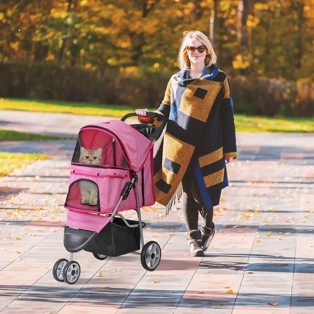 Haustier-Kinderwagen, faltbar, 3 Räder, Hunde-Kinderwagen, Trägerwagen mit Getränkehalter, Rosa