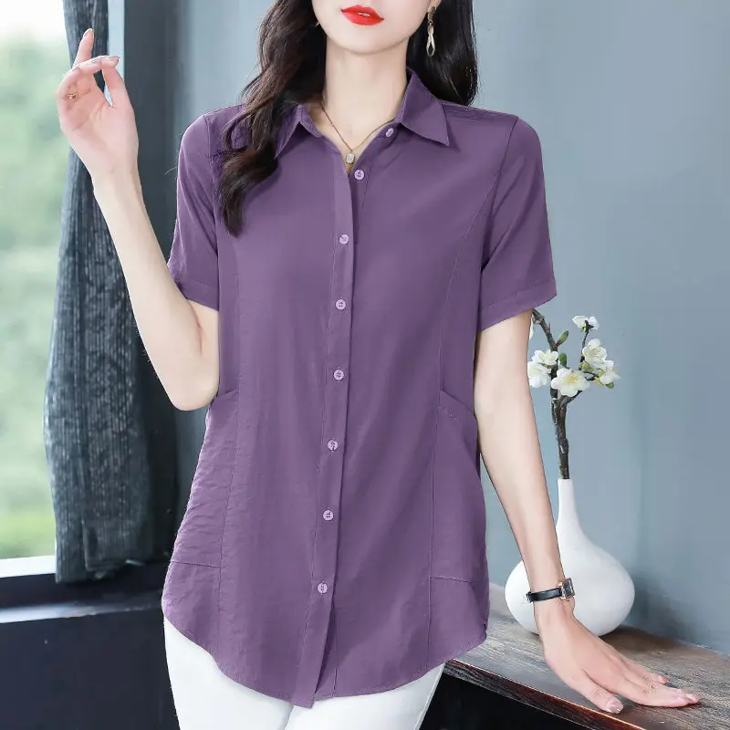 Women Summer Simplicity Loose Solid Color Polo-Neck Short Sleeve Shirts Women Clothes Casual All-match Appear Thin Elegant Tops