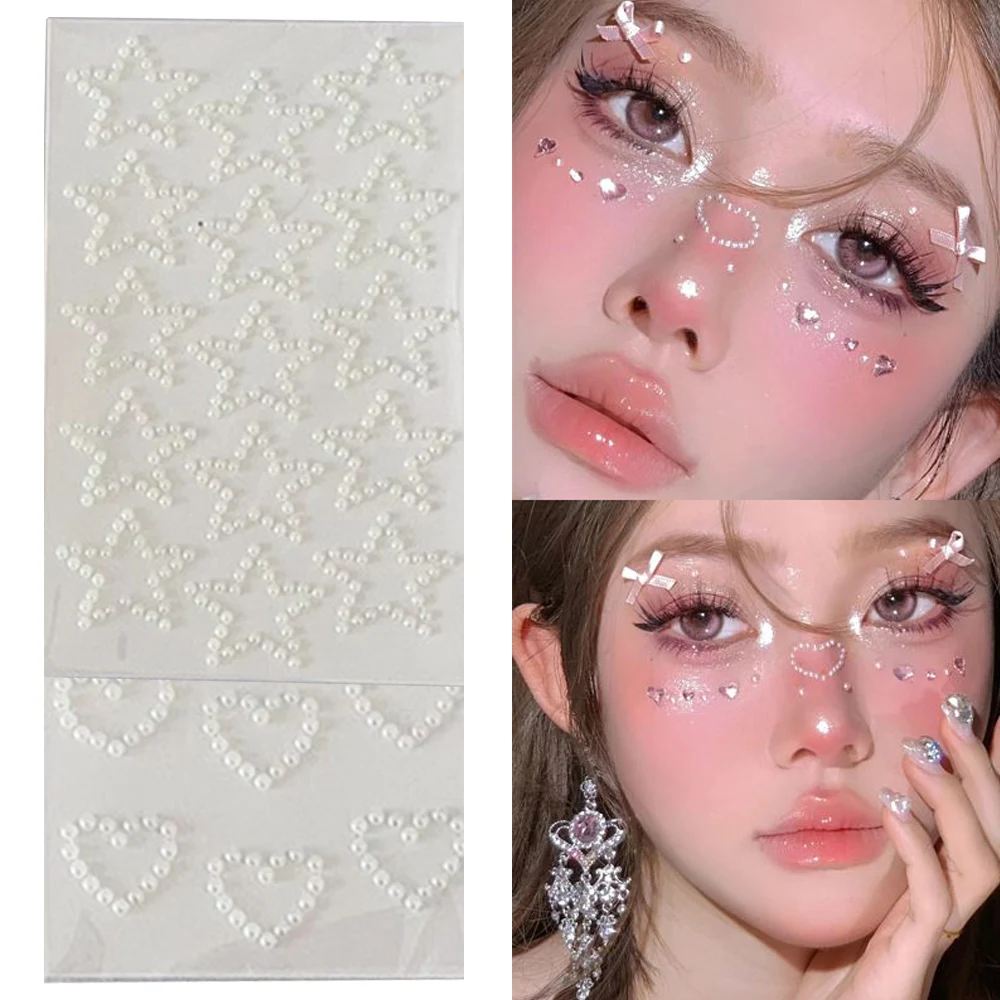 1 Sheet Pearl Jewels Stickers DIY Nail Diamond Heart Star Pearl Face Sticker 3D Eyes Face Makeup Decor Temporary Tattoos Decal