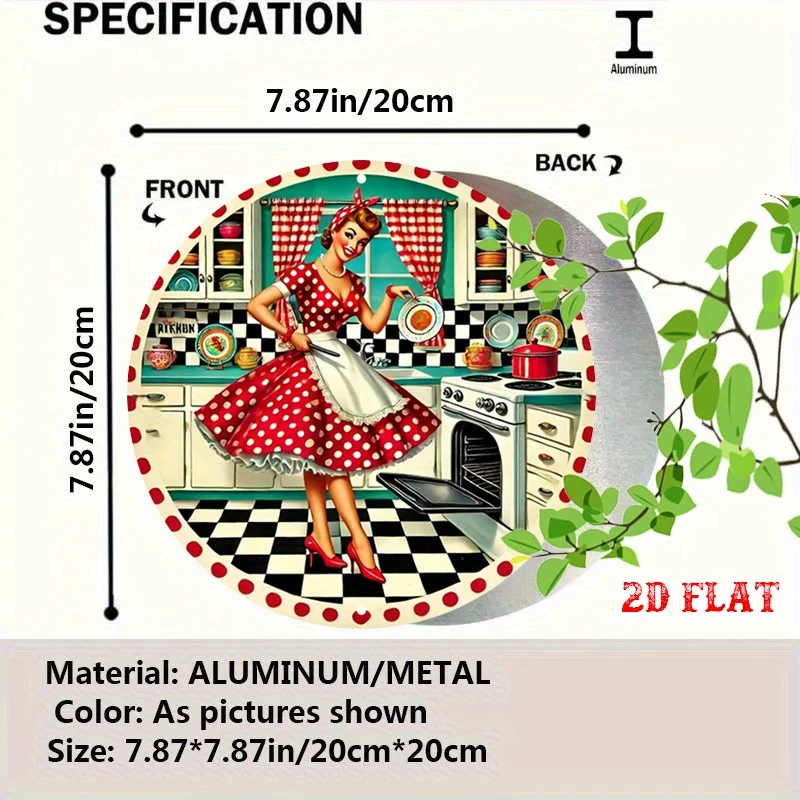 2D Flat, 2D Flat 1pc Diner Style Round Aluminum Sign, Bold Design Metal Tin Sign, Glamorous Woman 7.87X7.87 Round Aluminum Sign
