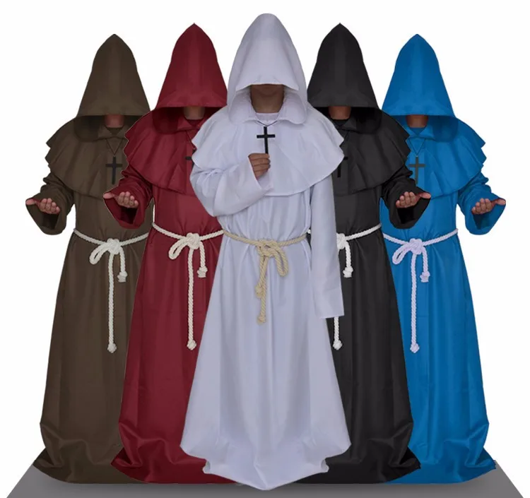 Priest Costume Men Clergy Clothes Male Halloween Cosplay Medieval Cowl Monk Renaissance Cross Friar Robe Hooded Cloak