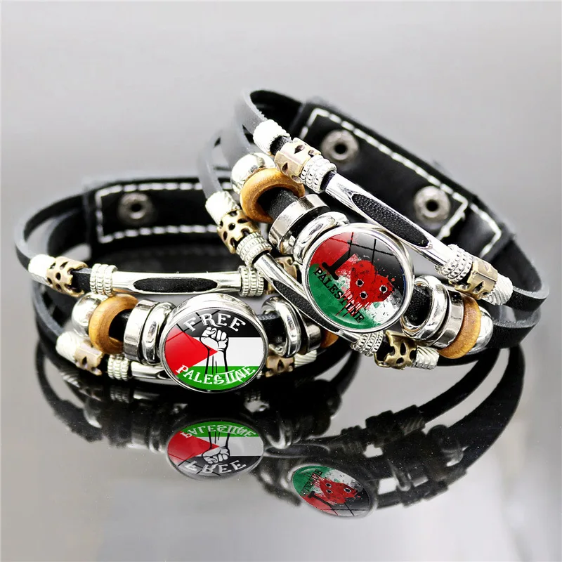 Men Gothic Bracelet Charm Handmade Nation Flag Symbol Pattern Glass Beads Leather Bracelets & Bangles Jewelry Gift