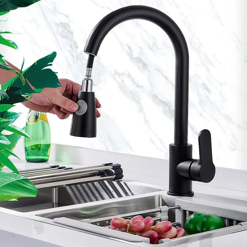 

Простой кухонный смеситель тягового типа, бытовой черный брызгозащищенный вращающийся смеситель с одним отверстием