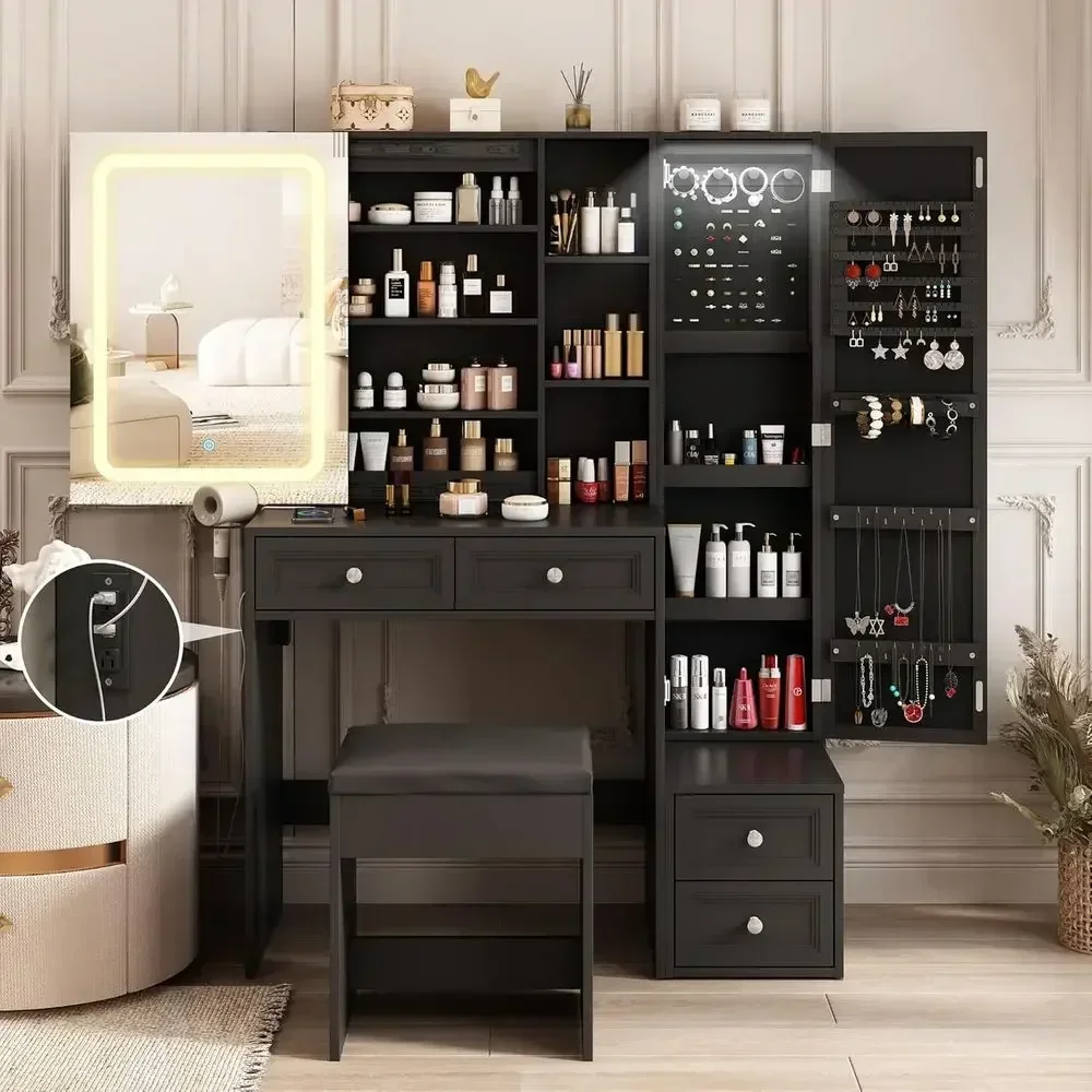 LED Lighted Sliding Mirror Vanity Desk with Storage Cabinet, 4 Drawers, Charging Station & Adjustable Brightness, Cushioned Stoo