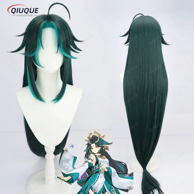 

120cm Female Version Impact Xiao Cosplay Wig Long Straight Dark Green Heat Resistant Synthetic Hair Wigs + Wig Cap