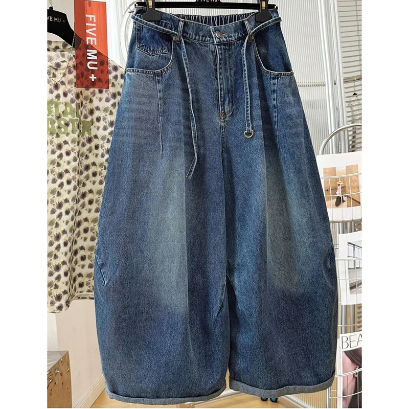 Spring Women Large Size 4XL Curved Knife Denim Pantalons Summer Female Wide Leg Jeans Korean Ladies High Waist Cowboy Trousers