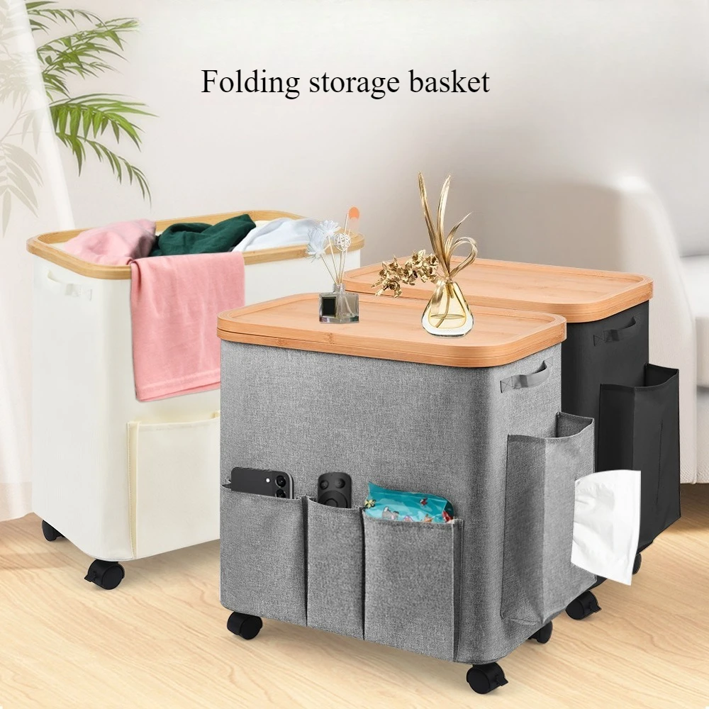 

Fabric Storage Bin with Wheels - Multi-Purpose Foldable Organizer for Snacks/Tissues, Portable Bedroom Basket with Handle