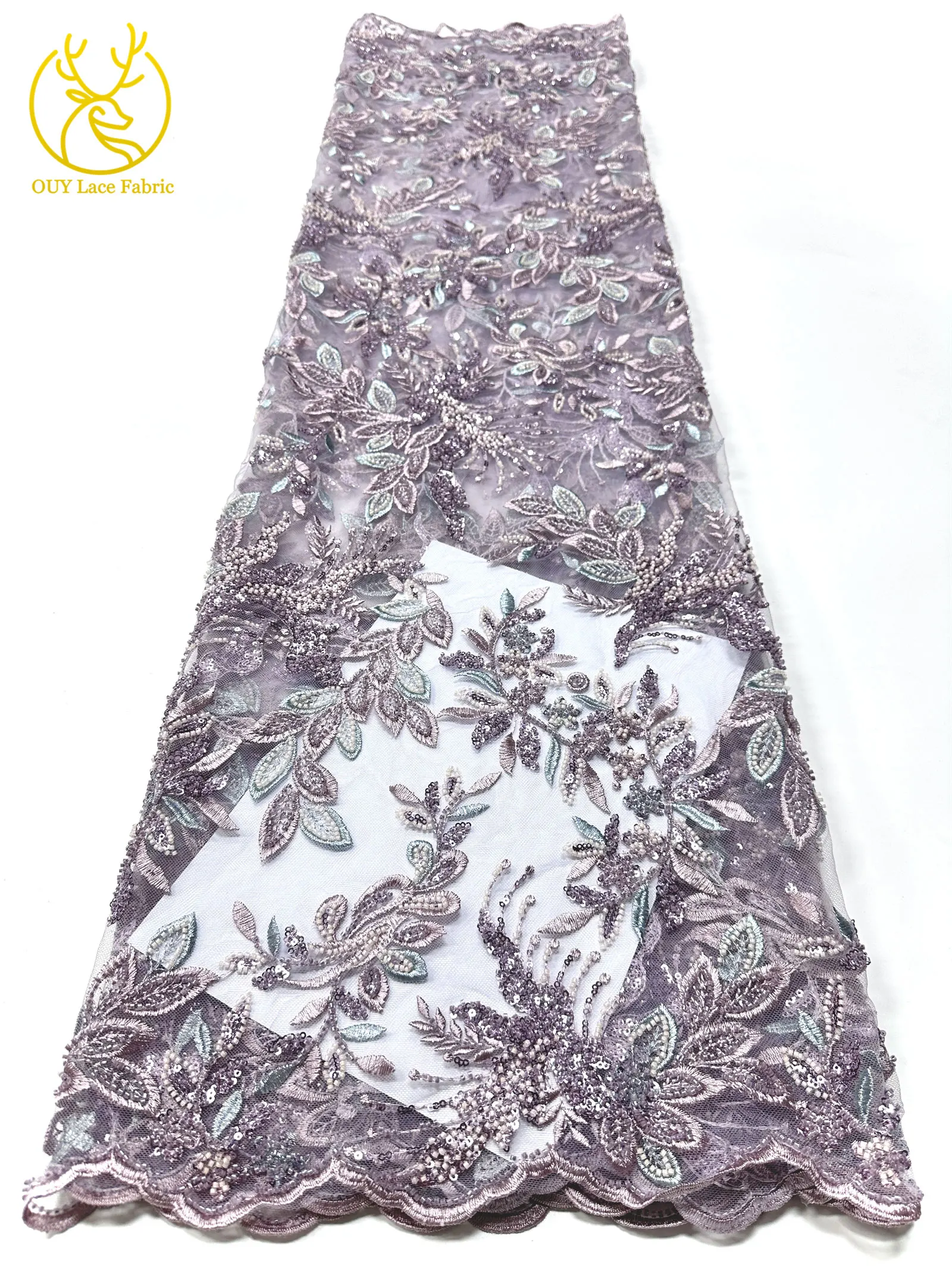 Eleganter afrikanischer Perlen-Stickerei-Spitzenstoff, 5 Yards, nigerianische französische Pailletten-Tüllspitze für Damen, Partykleid, DIY-Nähen – Detail 13