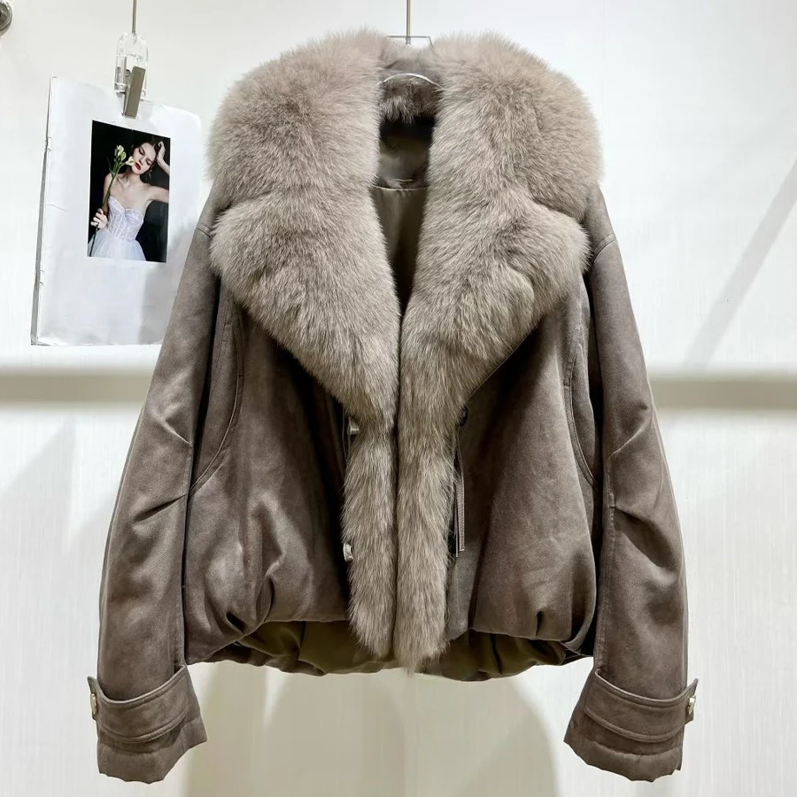 Jaket Puffer Berbahan Bulu Asli Jaket Musim Dingin Untuk Wanita Jaket Bomber Mode Baru Mantel Pendek Berbulu Rubah Dengan Ritsleting