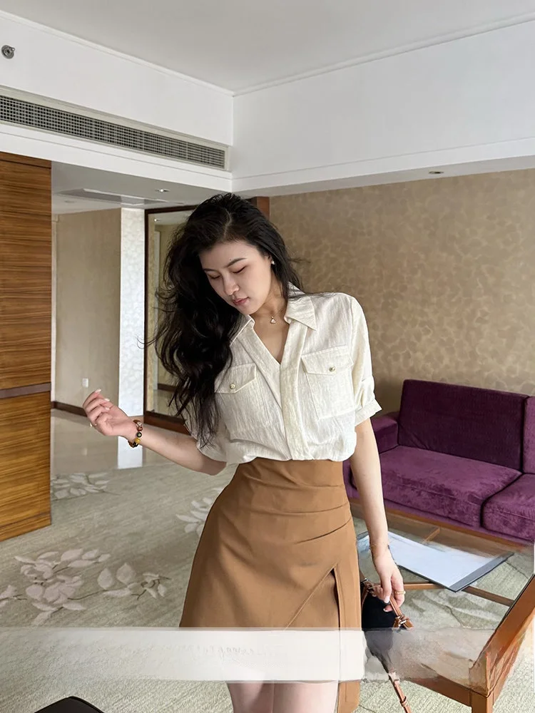 

Zhang a Xing Summer Island Breeze Linen Rayon High Waist Asymmetrical Shirt And Skirt Set V Neck Casual Style Spring Fashion
