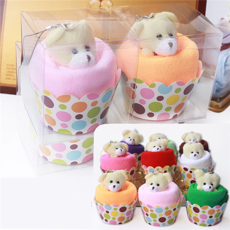 

30 sets Cake shape Face Towel with Lovely Bear Toy Bath Towel Natural Eco-friendly Fiber Baby Hand Soft Towel Wedding gift