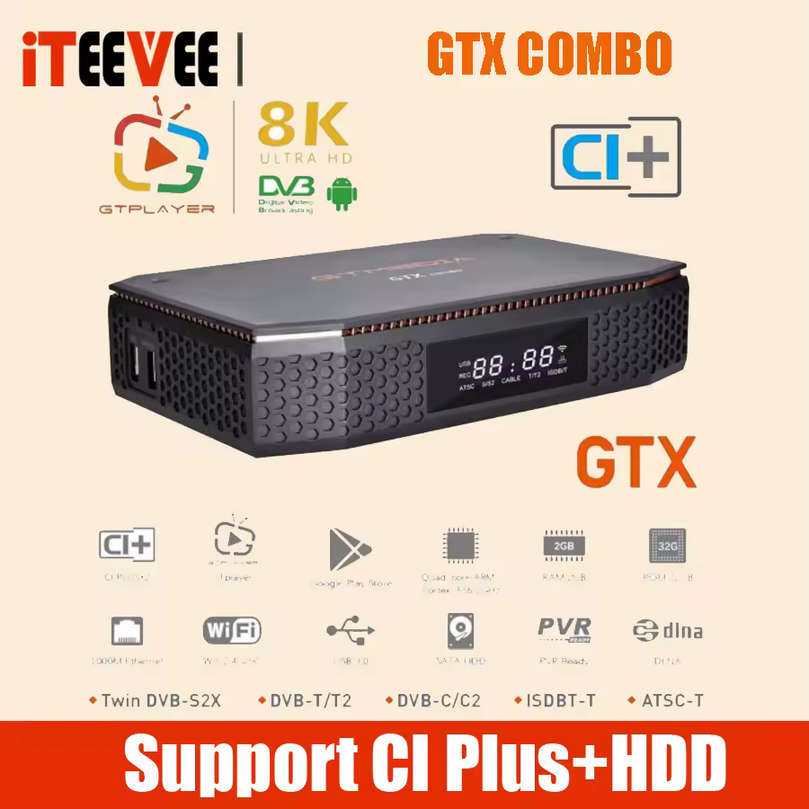GTMEDIA GTX COMBO 4K 8K UHD Android 9.0 Récepteur satellite, DVB-S2/T2/C 2G + 32G, Soutien CA et CI Plus 1.4, CI +, Support de SATA-HDD