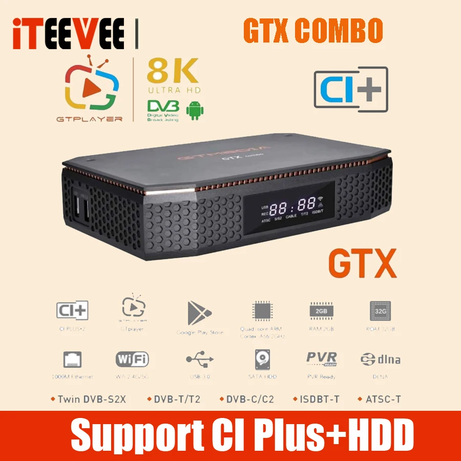 GTMEDIA GTX COMBO 4K 8K UHD Android 9.0 Satellite Receiver,DVB-S2/T2/C 2G+32G,Support CA and CI Plus 1.4,,CI+,SATA-HDD bracket