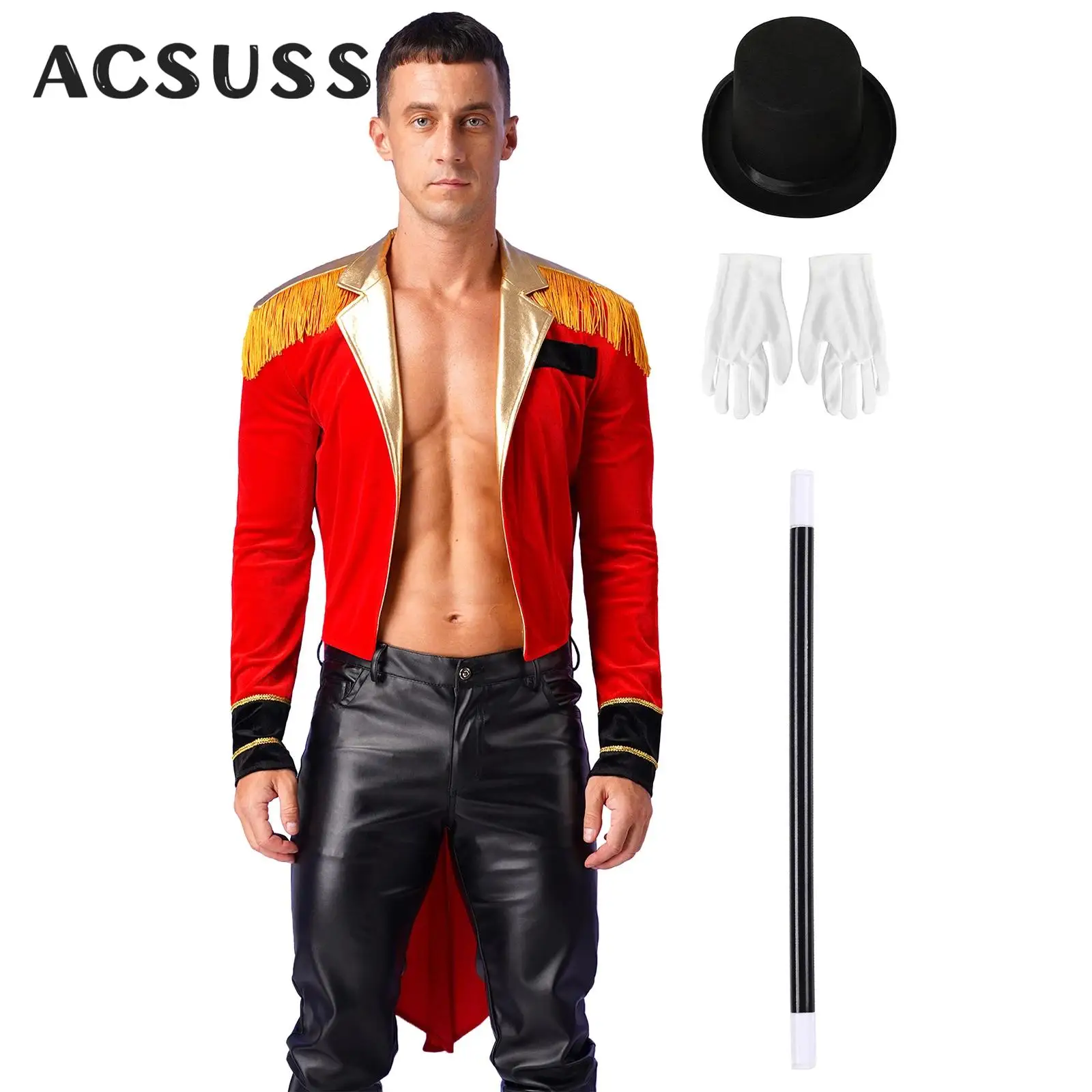 

Men Circus Ringmaster Costume Long Sleeve Tassel Tailcoat Magician Showman Punk Jacket Coat Halloween Cosplay Fancy Dress Up