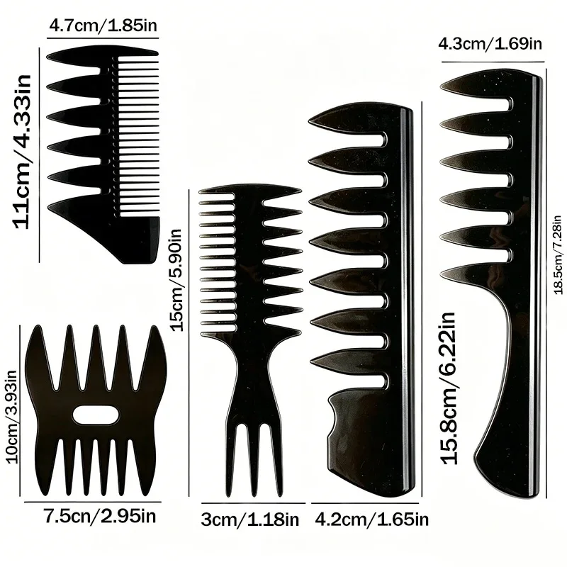 5pcs Men Hair Comb Set, Black Barber Wide Tooth Pick Fork Comb Kit, for Slick Back, Pompadour, Quiff and Curly Hair Styling