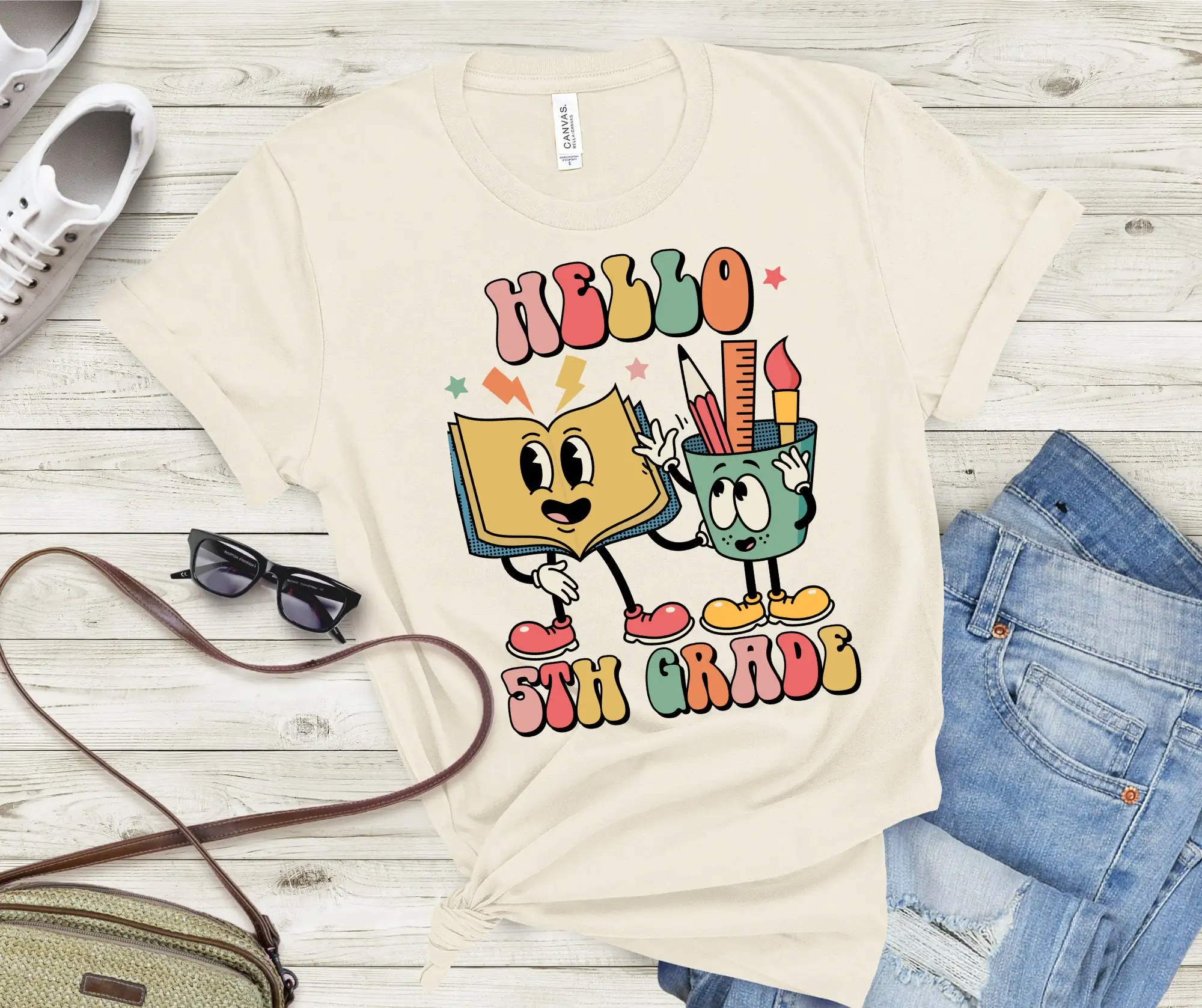 Retro Vintage Style Hello 5th Grade Cartoon T Shirt Perfect for Back to School Cotton Adult Sizes