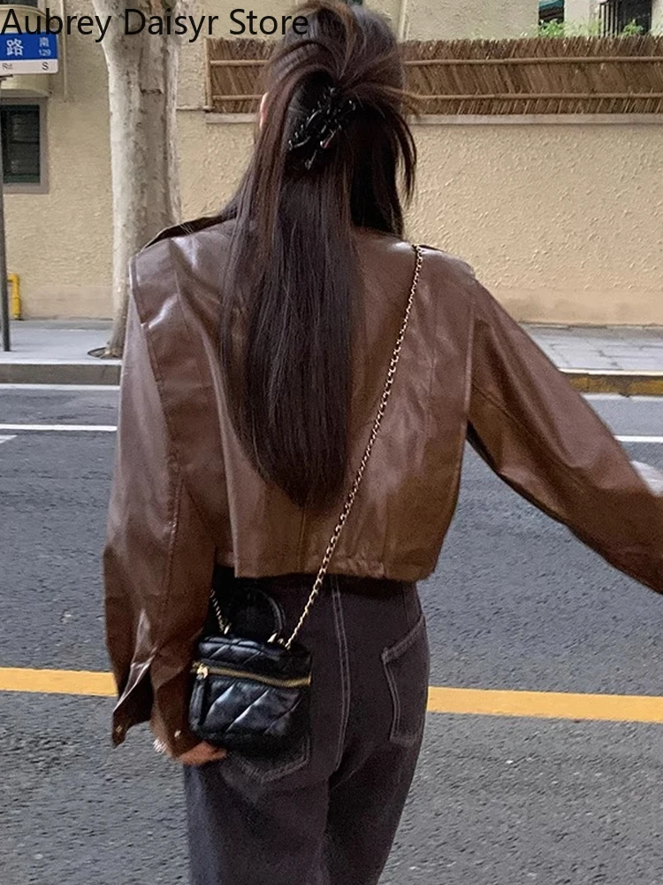 Brown Cropped Leather Jacket Women Streetwear Moto Biker Zipper Leather Jacket Winter Punk Vintage Casual Blazer Leather Coat