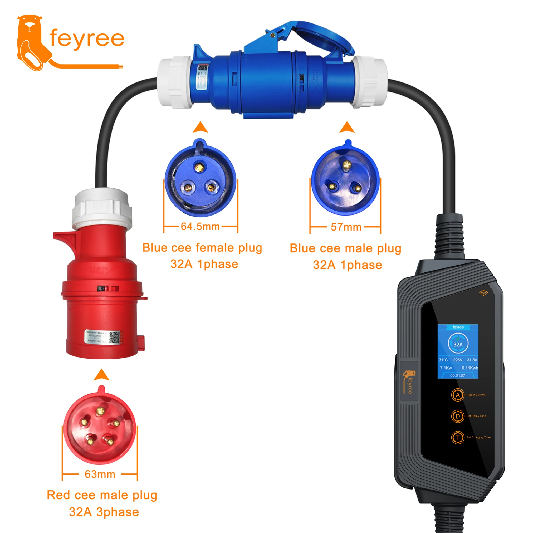 Feyree-estación de carga para vehículos eléctricos, Cable EV de 7kW, 11kW, 22kW, con aplicación de Control WIFI, IEC62196-2, EVSE Wallbox tipo 2