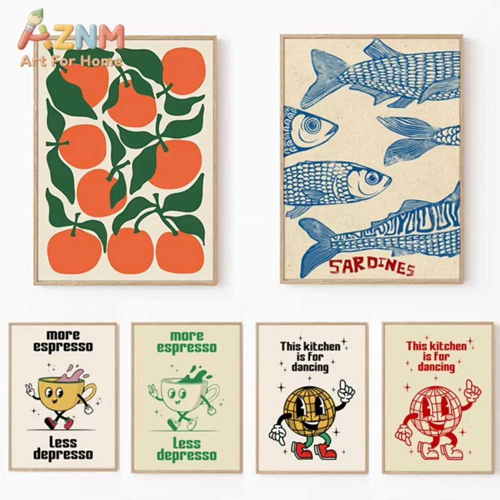 

1pc Retro Kitchen Food Cartoon Poster Character Coffee More Espresso Less Depresso Quotes Poster Wall Canvas Painting Room Decor