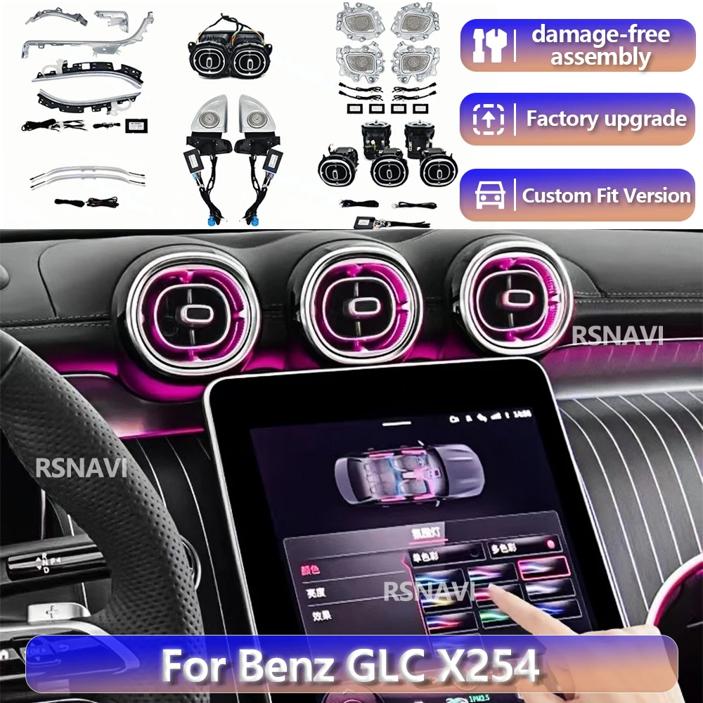 

RGB-подсветка для Mercedes-Benz New GLC X254 2023-2025: 64-цветная светодиодная декоративная лампа для вентиляционных отверстий, 4D-подсветка динамиков, атмосферная подсветка салона