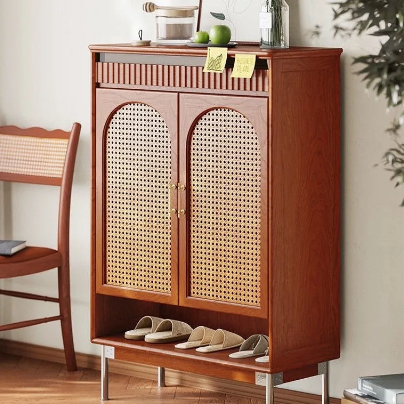 

Solid wood retro shoe cabinet small household foyer entrance partition rattan large capacity storage shoe rack