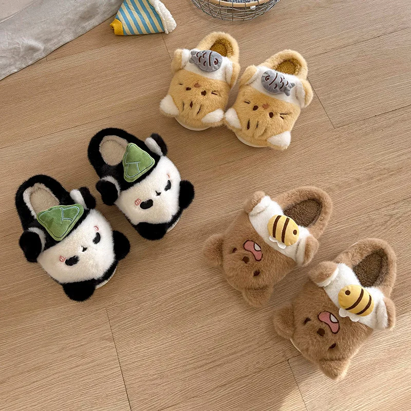 

2026 Winter Home Slippers for Couples Warm Plush Neutral Cartoon Indoor Anti Slip Comfortable Cotton Slippers for Women