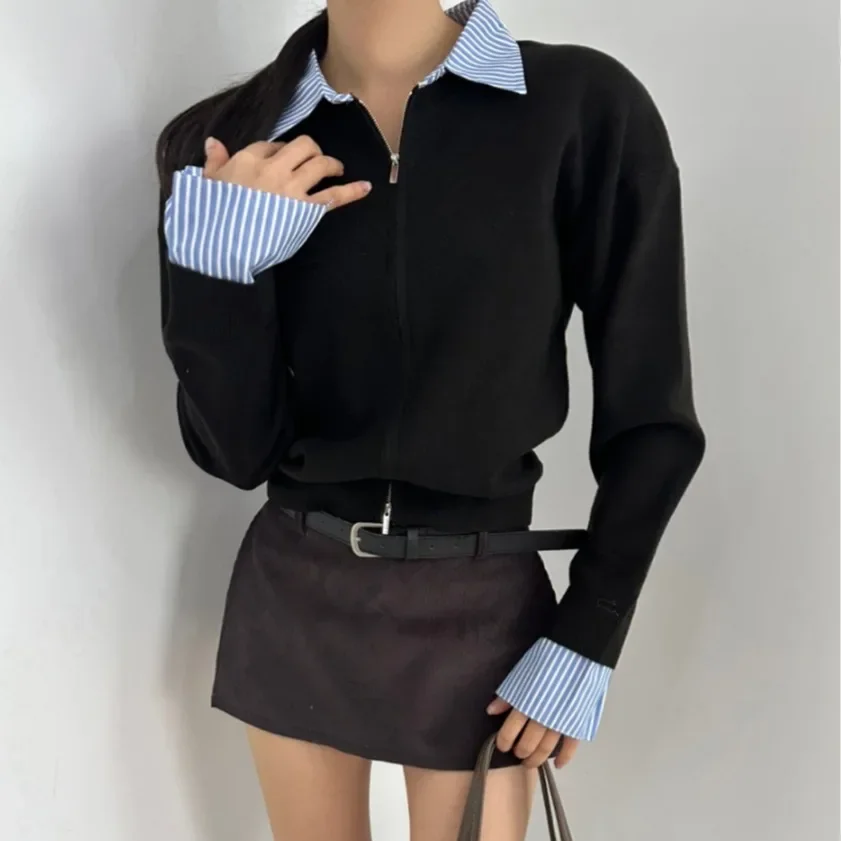

Women Retro Chic Long Sleeve Jacket Korean Fake Two Piece Stripe Polo-neck Knitted Cardigan Temperament Zipper Sweater Mujer Top