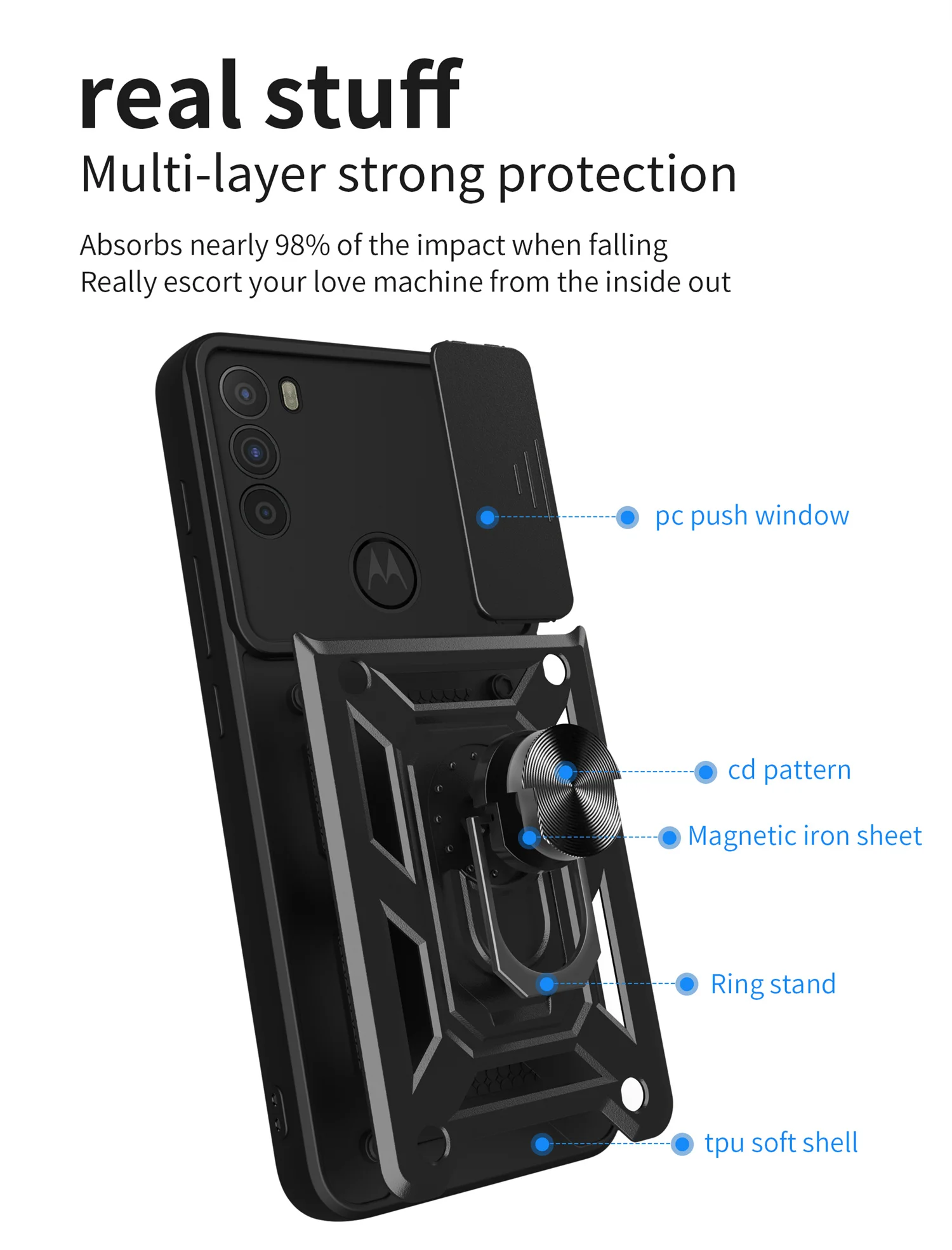 Motorola Moto G71 5G用スライドカメラアーマーアドバンスグリッターパウダーフォンケース、Moto G71 5G用車載ホルダーリング付きブラックカバー