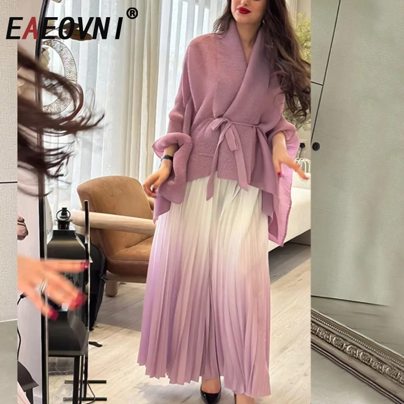 

EAEOVNI Элегантный плиссированный женский комплект Miyake, свободная блузка с поясом + длинная юбка трапециевидной формы с градиентными складками, модная новая одежда для вечеринок 1A956