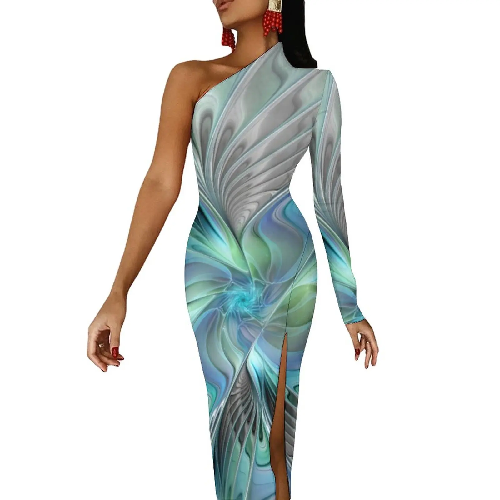 

Blue Green Butterfly Bodycon Dress Summer Abstract Animal Print Retro High Slit Long Dresses Women One Shoulder Aesthetic Dress