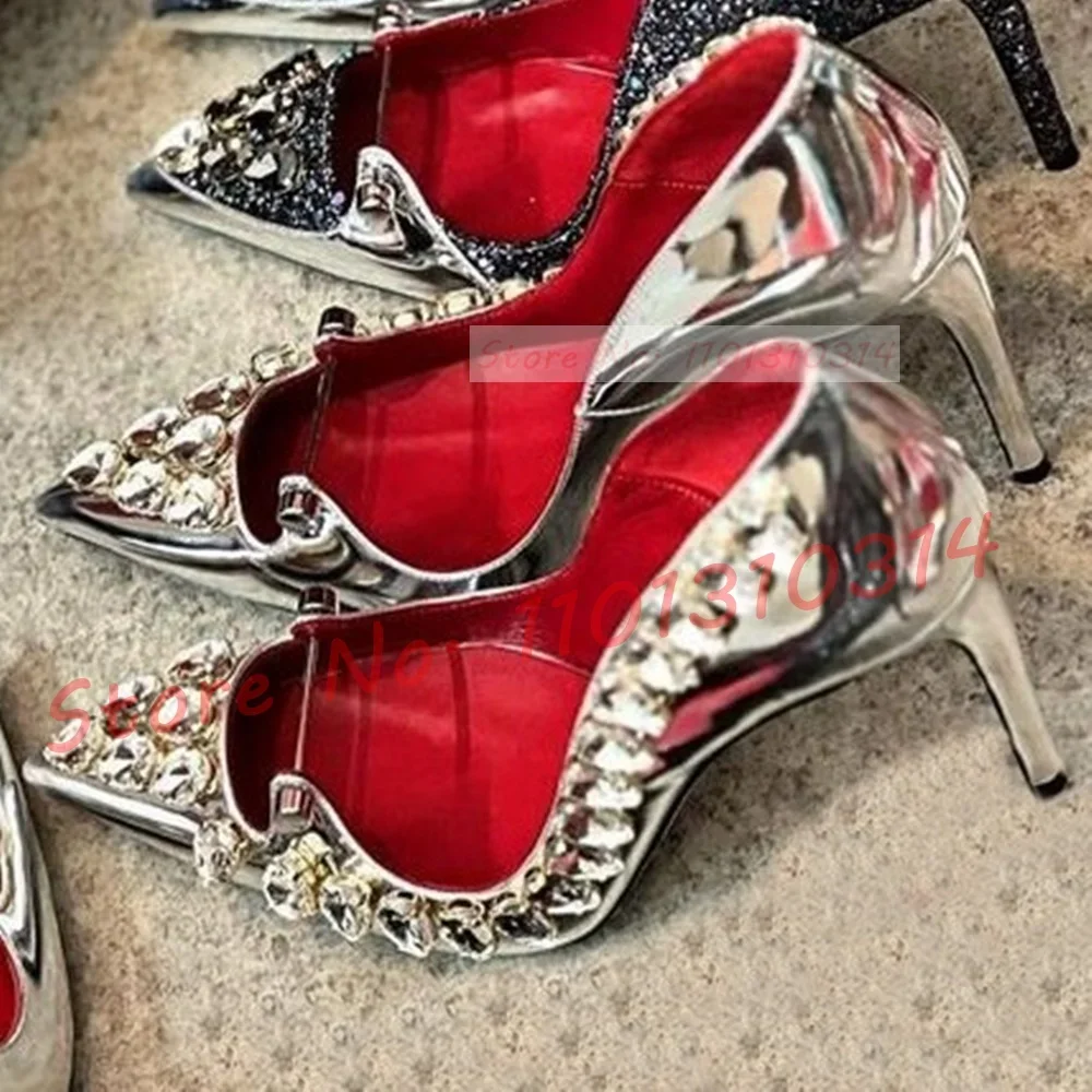 Diamond Bordered Pointy Toe Pumps Women Summer Luxury Metal Buckle Sexy High Heel Shoes Fashion Office Ladies Outfit Dress Pumps