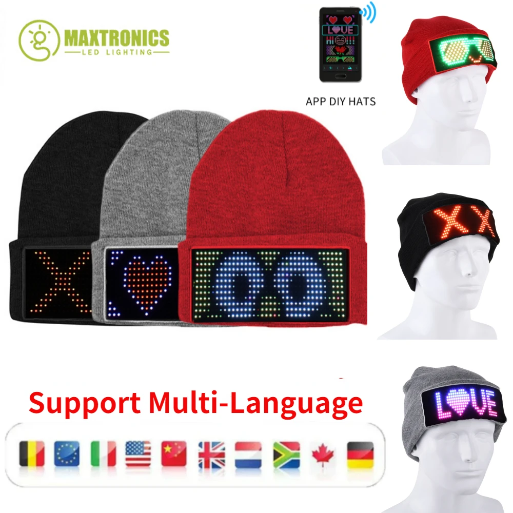 LED Pixel Hat/Glasses Bluetooth App Control Warm Knitted Hat Man / Women Party Multiple Languages USB Charge Flashing Led Screen