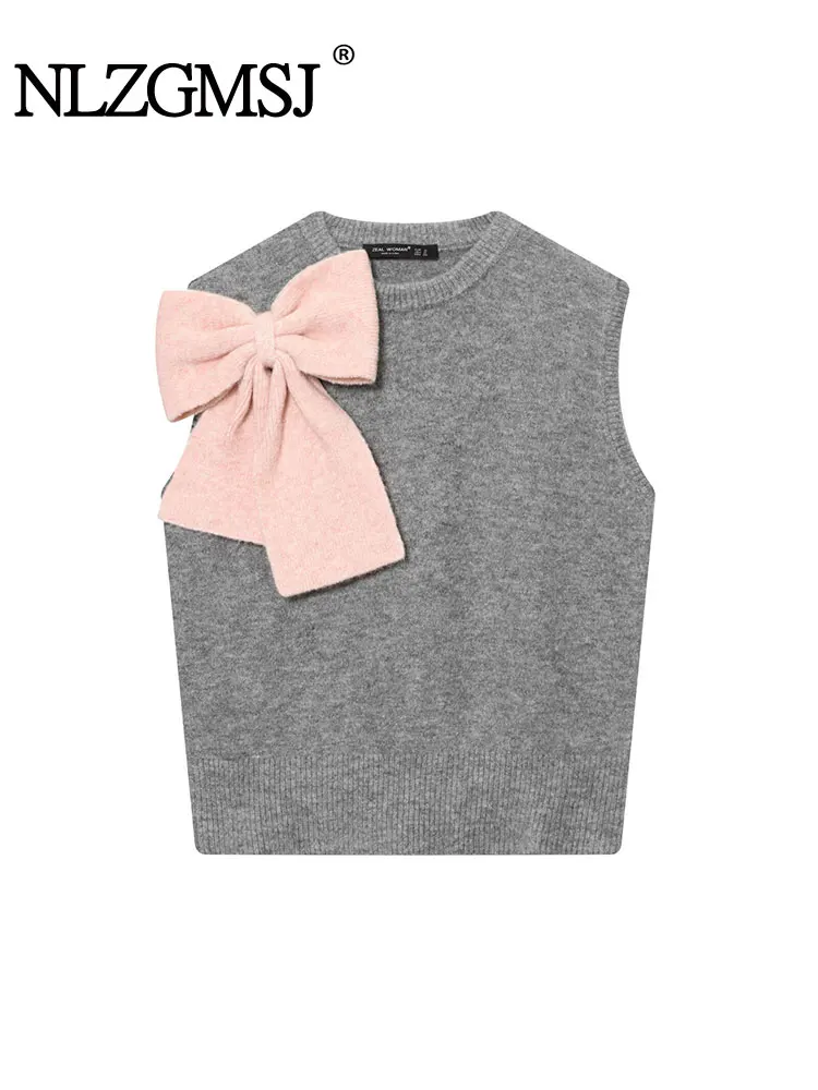 

NLZGMSJ женский осенний вязаный жилет без рукавов с бантом и круглым вырезом, соответствующий цвету, универсальный дизайн топа