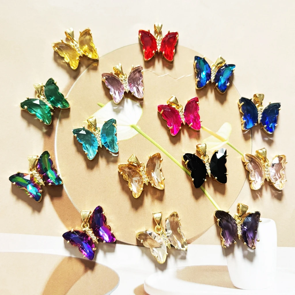5Pcs/Fashion Shiny Crystal Butterfly Pendant Gradient Muticolor Transparent Glass Charms Pendants For Jewelry Making Necklace