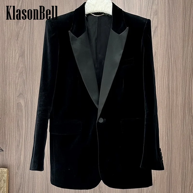 10.10 KlasonBell Women Clothes Temperament Shoulder Pads Velvet Single Button Blazer Lapel Spliced Color Commuter Jacket