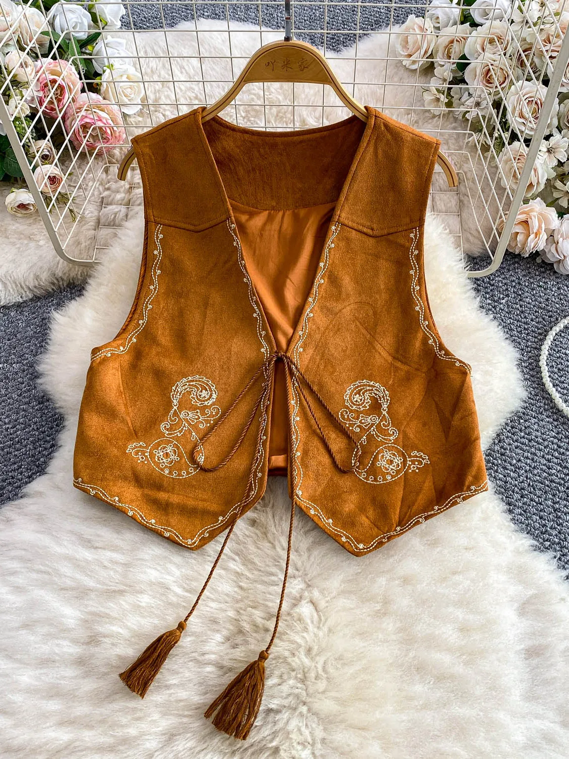 

Женский жилет V-Ne ort Sve с вышивкой в стиле ретро, облегающий топ из искусственной кожи, этнический дизайн с узлом на талии, одежда для поездок на работу