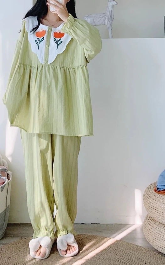 Washed Woven Cotton XL-4XL Long Sleeve Pants Two-piece Pajamas Girl Spring Autumn Loose Peter Pan Collar Flower Sweet Loungewear