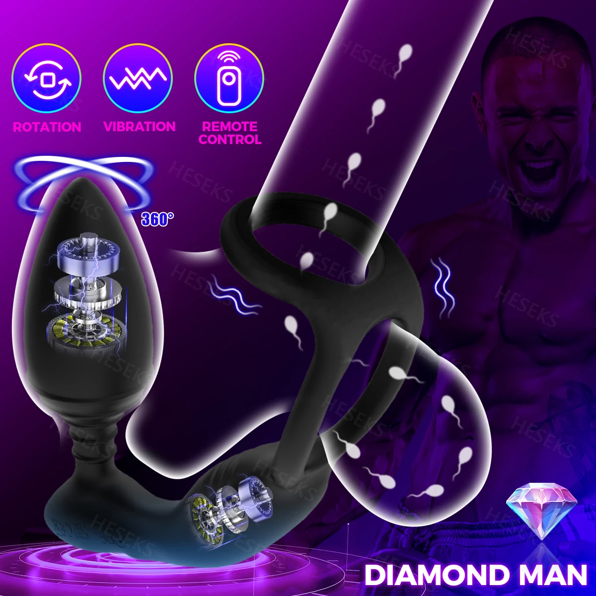 HESEKS Remote Control 360° Rotation Anal Butt Plug Vibrator Male Prostate Massager Delay Ejaculation Penis Rings Sex Toy For Men