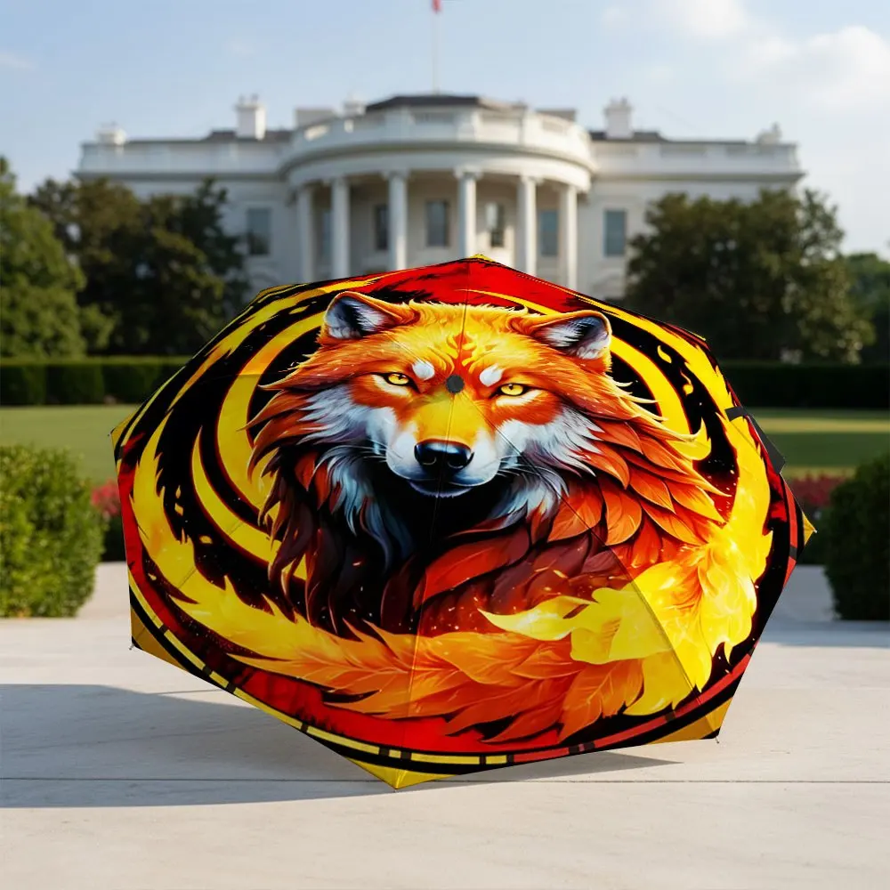 

Portable Folding Umbrella | Firey Fox Design with Swirling Flames and Vibrant Orange-Red Fur | Fits Travel, Backpack, Holiday