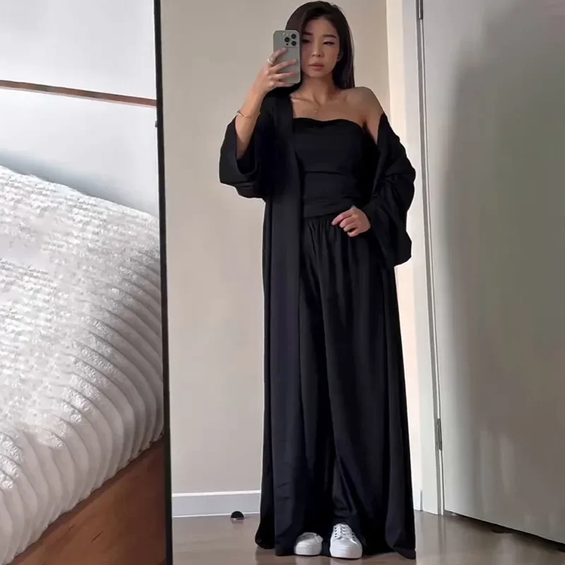 

2025 women's clothing new solid color long-sleeved coat tube top long skirt set solid color simple D25032220