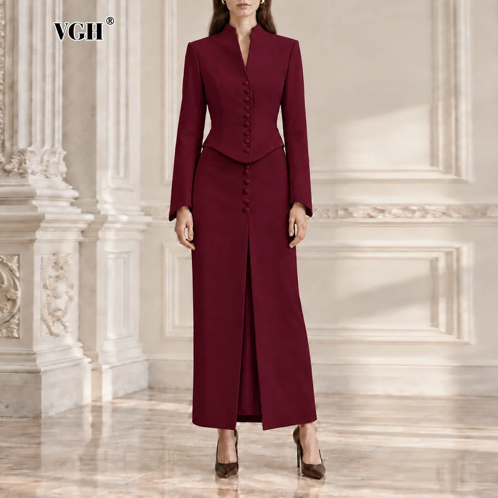 VGH Fashion Stand Collar Button Front 2 Piece Set for Women Long Sleeve Fitted Cropped Jacket High Slit Maxi Skirt for Banquet