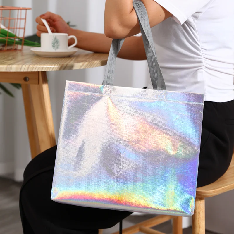 Colorful laser shoulder tote bag non-woven tote bag shopping mall shopping bag party supplies gift bag custom slogan logo