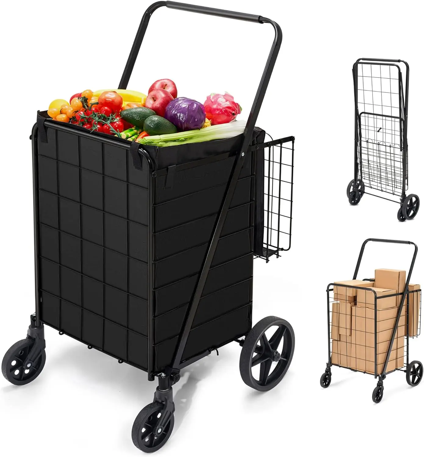 Grocery Cart on Wheels with Removable Liner, Folding Shopping Cart,Heavy Duty Shopping Carts for Groceries