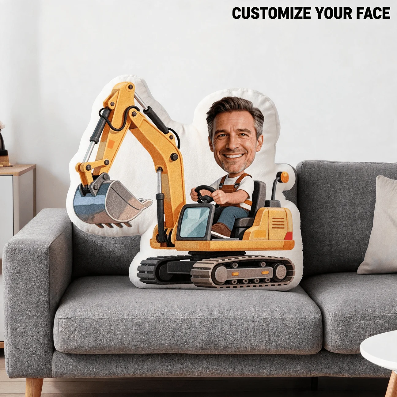 Custom Photo Excavator Shaped Pillow, Personalized Face Decorative Cushion, 60CM Large Size Accent Pillow for Sofa And Bedroom,