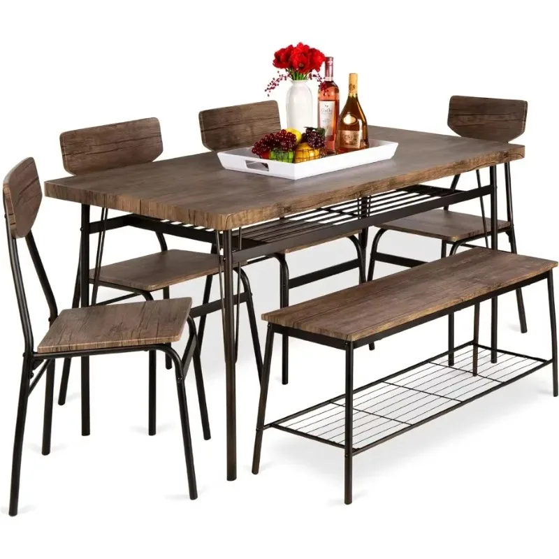 Best Choice Products 6-Piece 55in Modern Dining Set for Home, Kitchen, Dining Room w/Storage Racks, Table, Bench, 4 Chairs,Brown