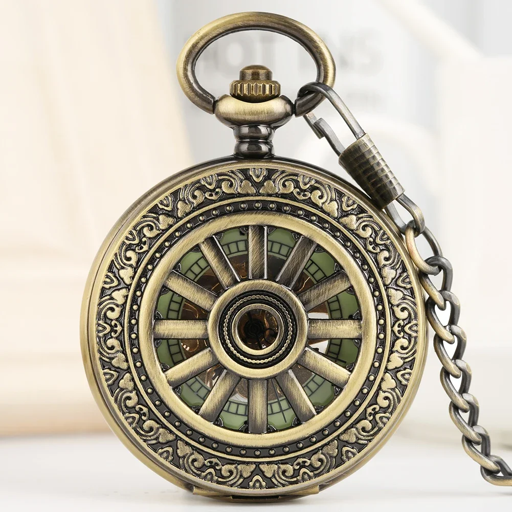 

Mens Vintage Bronze Manual Mechanical Pocket Watch with Pocket Chain Pendant Clock Luminous Dial Half Hunter Timepiece Gift