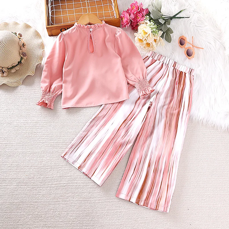 New Spring Autumn Kids Girls Clothes Sets 4-7 Years Little Girl Pink Long Sleeve Top&Pink And White Pants Korean Style Casual