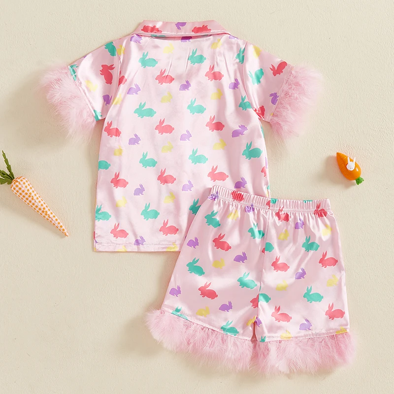 أطفال بنات 2 قطعة بيجامة مجموعات قصيرة الأكمام التلبيب الأرنب طباعة قميص السراويل ملابس خاصة عيد الفصح الملابس مجموعة ملابس الصيف المتسكعون