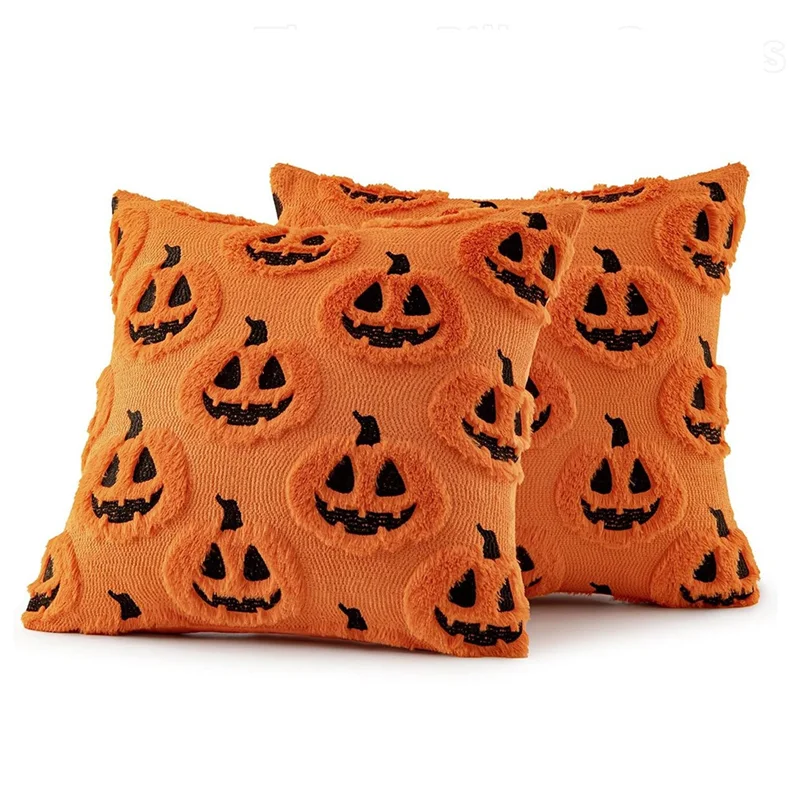 

2PCS Fall Halloween Throw Pillow Covers 45X45CM Soft Plush Faux Wool Pumpkin Cushion Covers For Halloween Party Sofa Bed