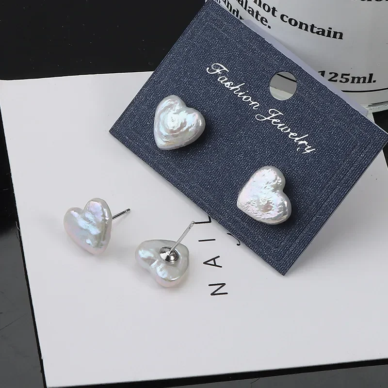 HENGSHENG 10-11mm Big Baroque Heart Shape Freshwater Pearl Stud Earrings 925 Sterling Silver Earrings Jewelry Gift for Lover